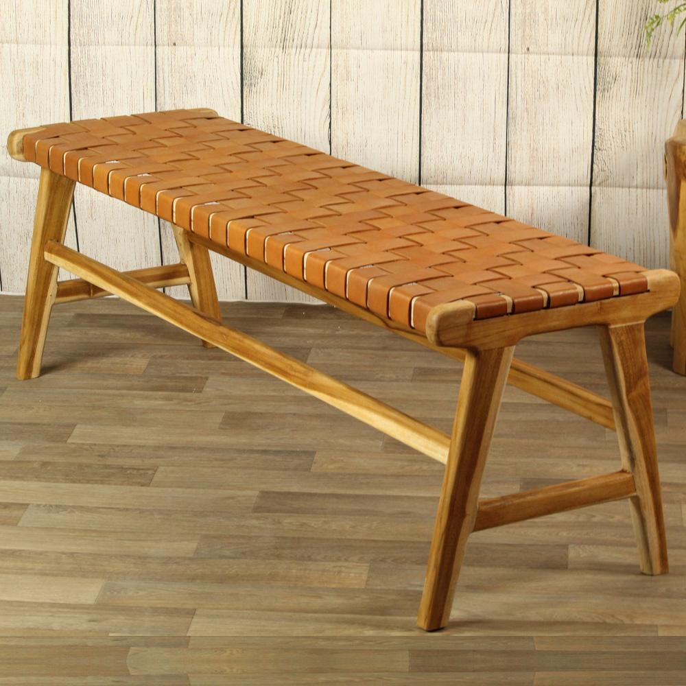 Leather woven bench - Marlboro Leather & Teak Bench | MapleNest